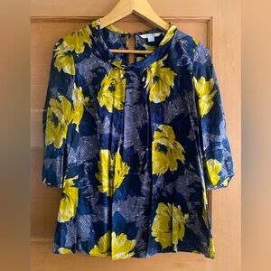 Boden 3/4 sleeve blue and gold floral silk blend top, size 6